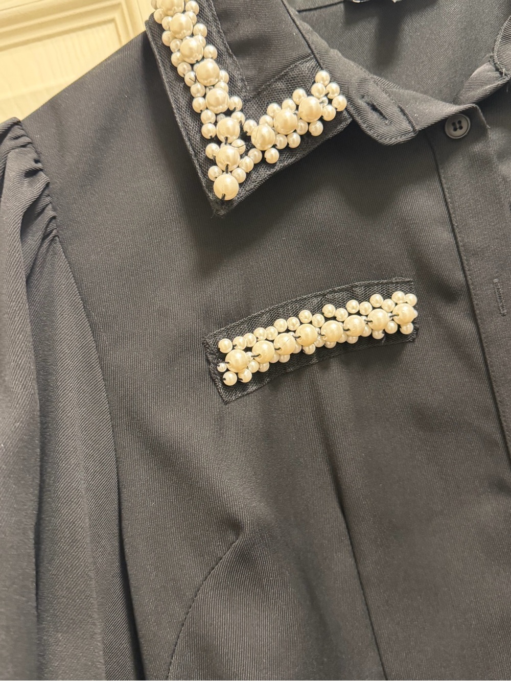 Fashion Nova Black Pearl-Trim Puff Sleeve Blouse- LIKE NEW- SIZE LARGE - Picture 7 of 7